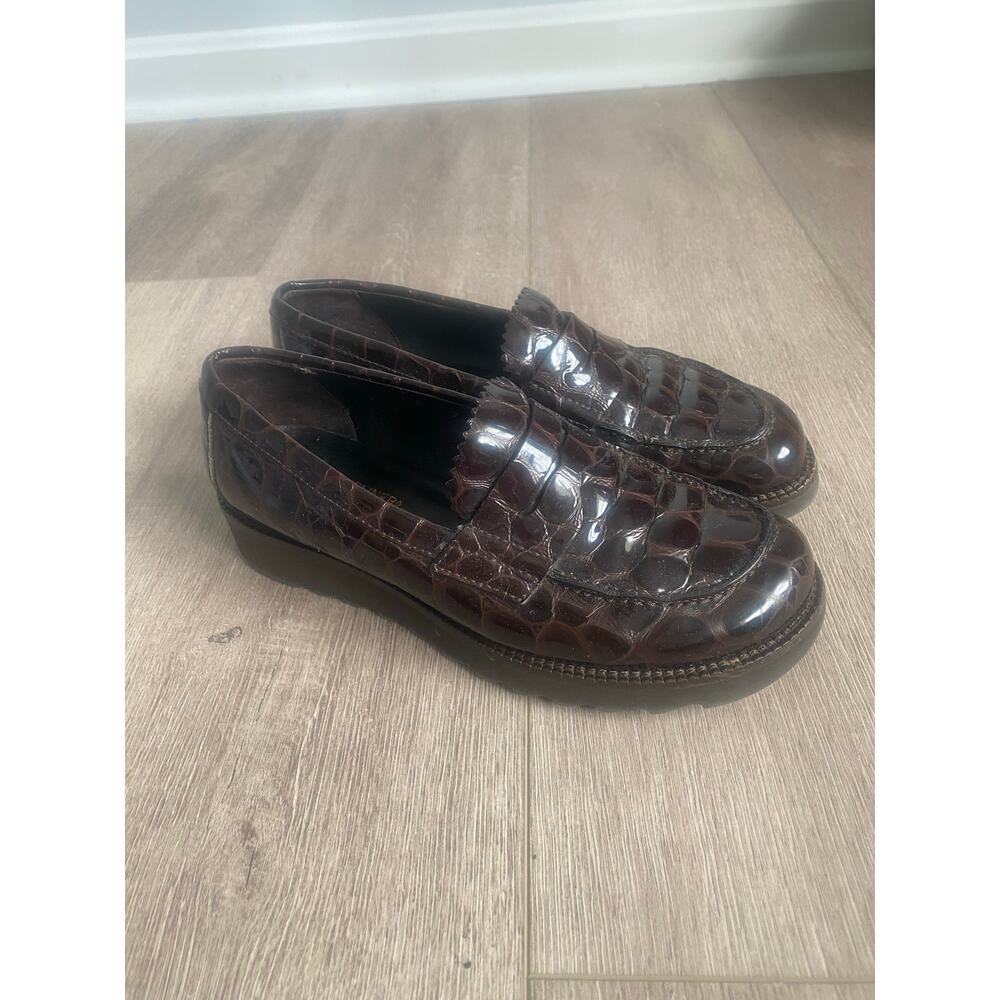Donald Pliner Chocolate Brown Croc Patent Leather Italian Slip On Loafers Size 7